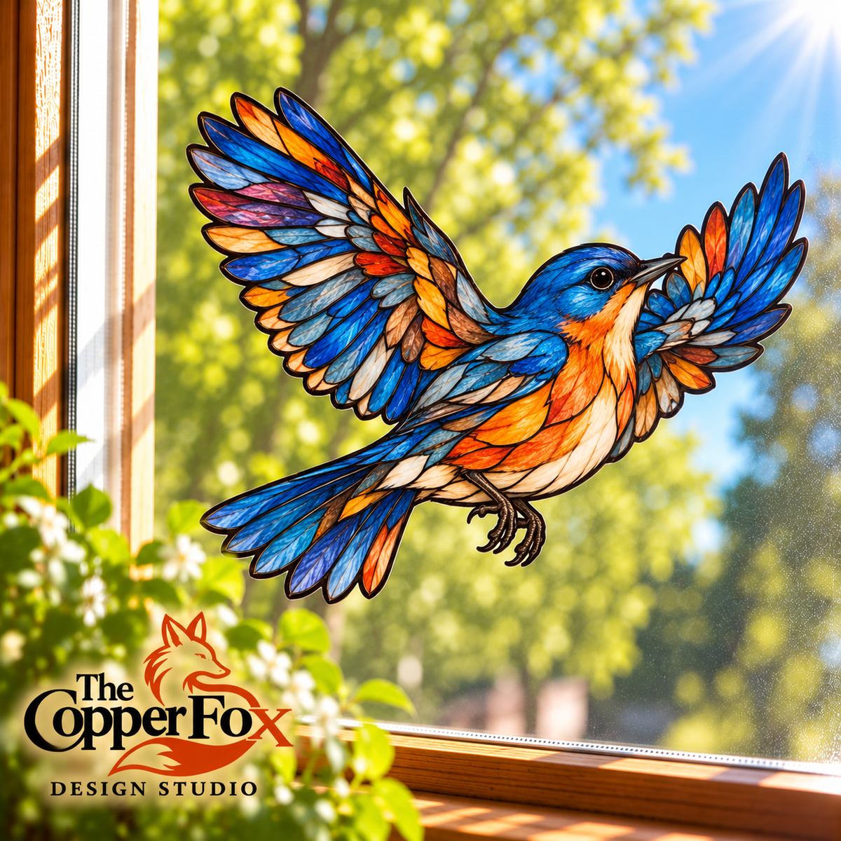 Eastern Bluebird in Flight — Stained Glass Vinyl Decal