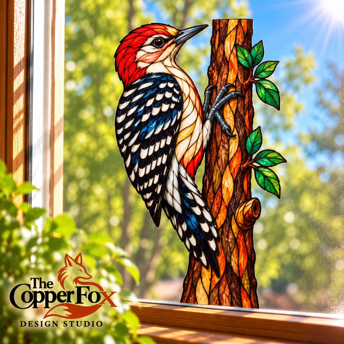 Red-bellied Woodpecker — Stained Glass Vinyl Decal