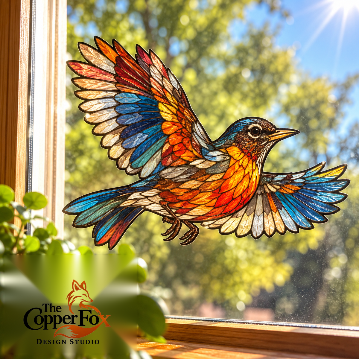 American Robin in Flight — Stained Glass Vinyl Decal