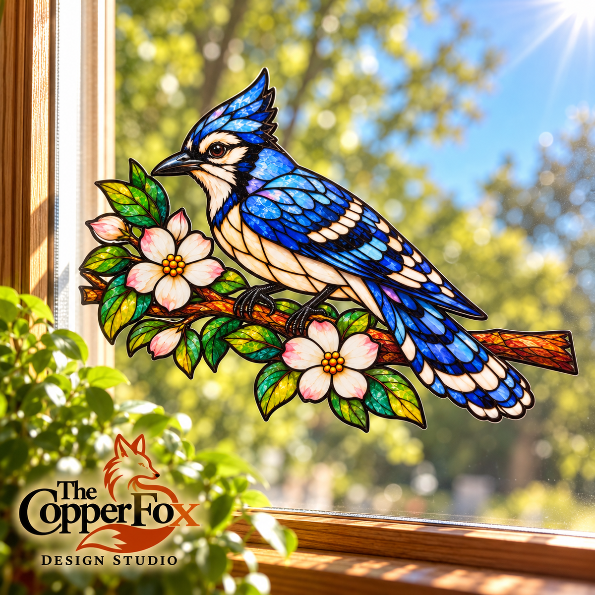 Blue Jay on Flowering Branch — Stained Glass Vinyl Decal