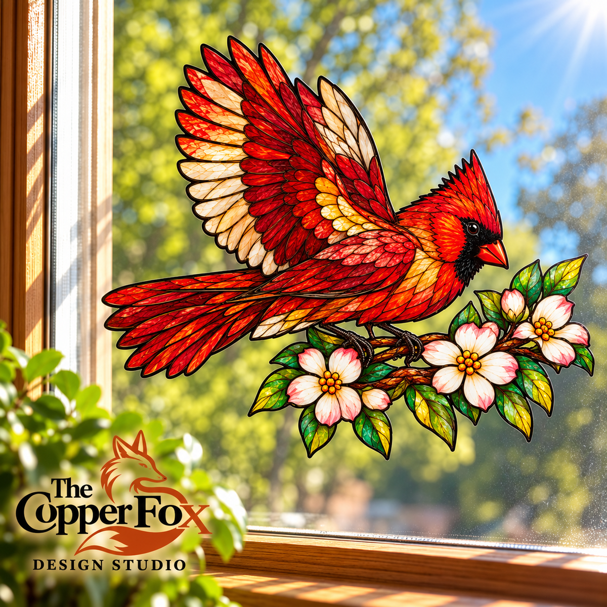 Northern Cardinal in Flight — Stained Glass Vinyl Decal