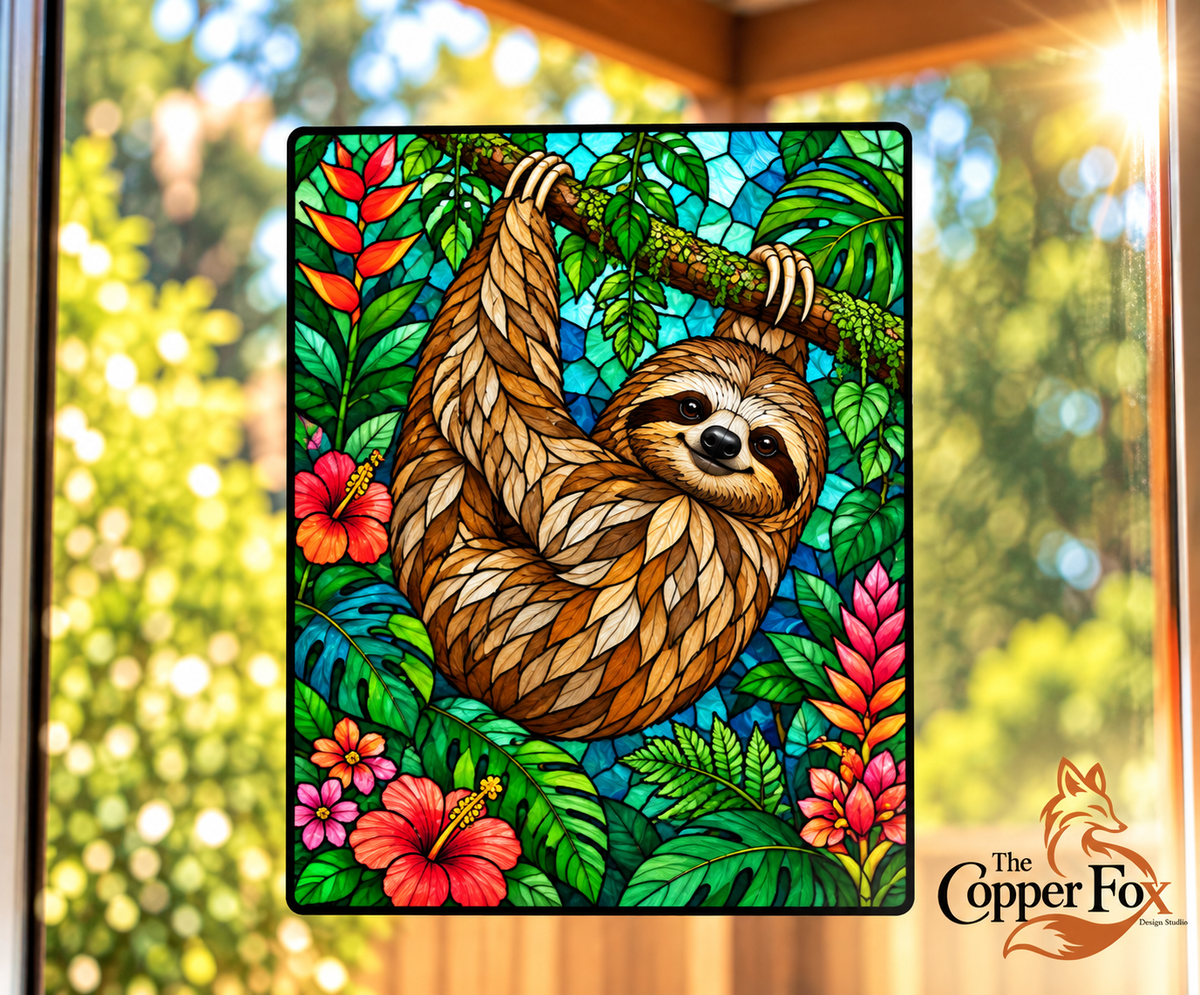 Rainforest Reverie Sloth — Stained Glass Vinyl Decal