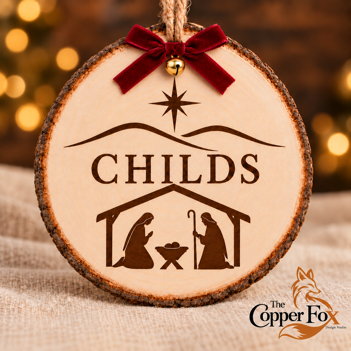 Personalized Nativity wood ornament with burgundy velvet bow and gold bell